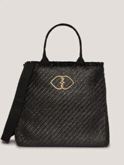 Tote Bag In Rafia Con Manici In Ecopelle